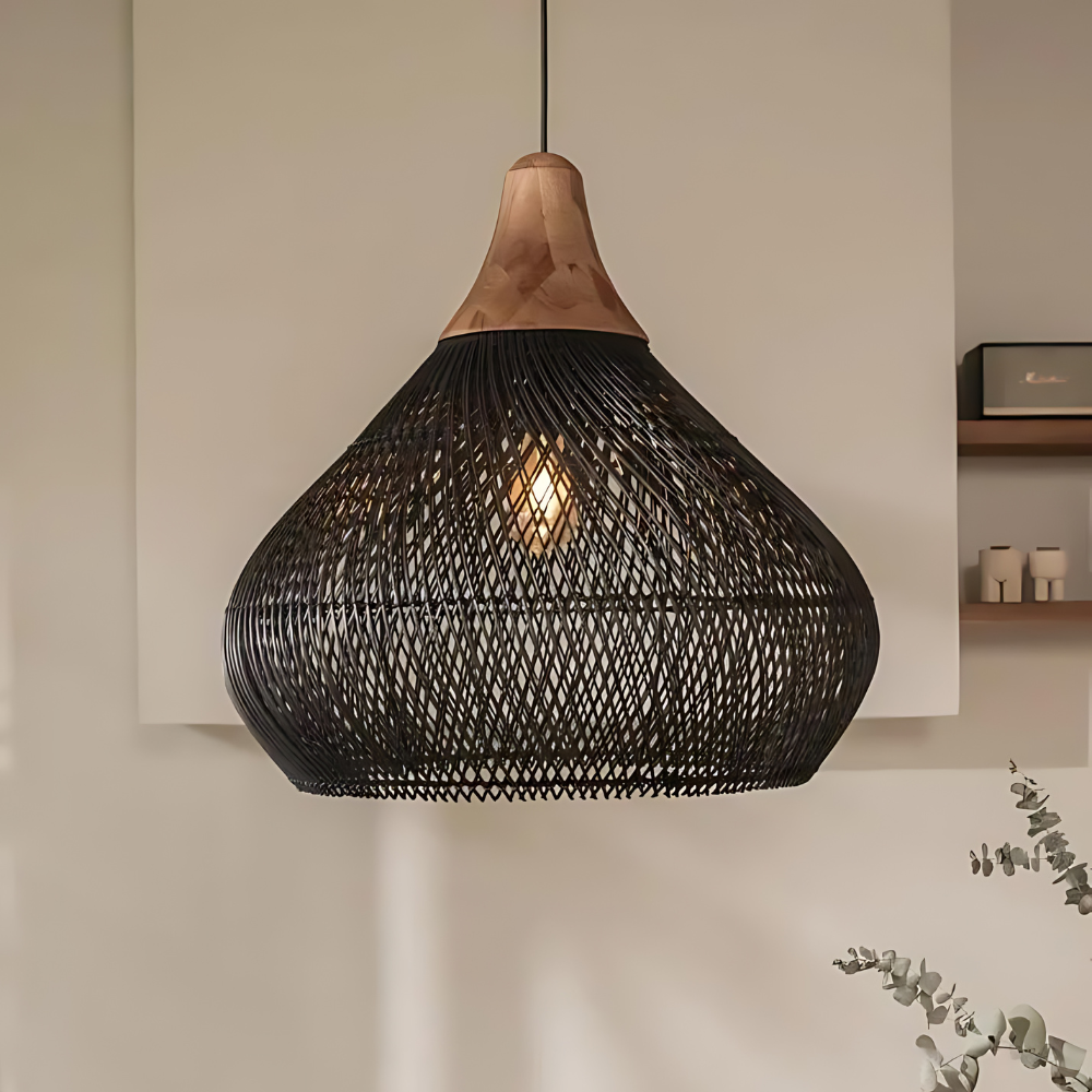Boho rotan hanglamp – handgemaakt design van natuurlijke materialen met warme sfeerverlichting