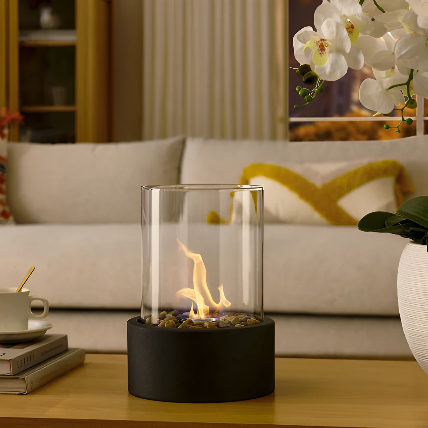 Moderne Tafelhaard – Compacte Ethanol Sfeerhaard met Glas & Stijlvolle Zwarte Basis | Schoon, Rookvrij & Gezellig Vuur