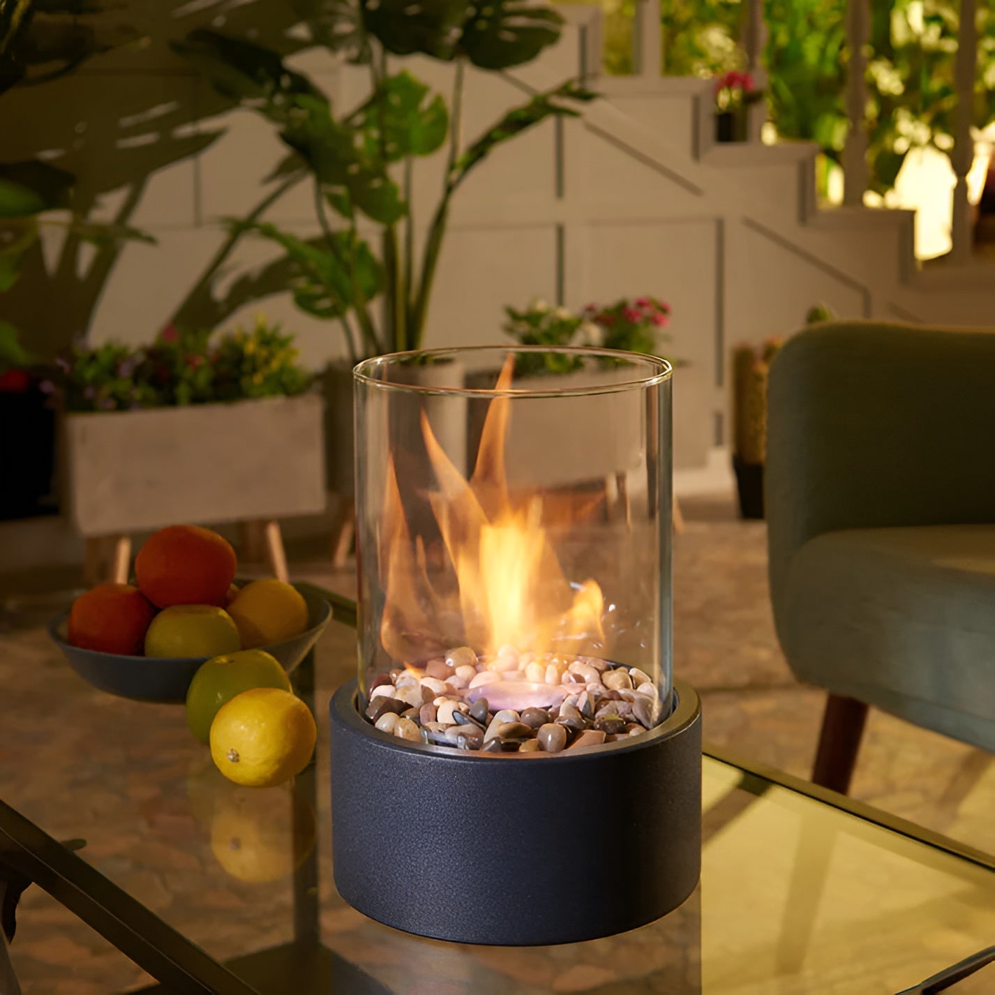 Moderne Tafelhaard – Compacte Ethanol Sfeerhaard met Glas & Stijlvolle Zwarte Basis | Schoon, Rookvrij & Gezellig Vuur