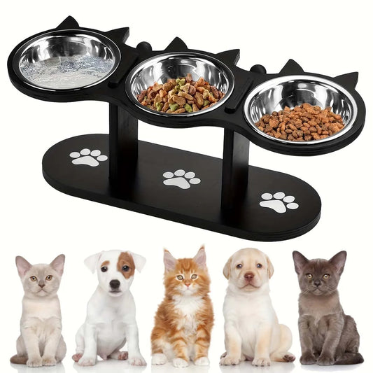 Verhoogde kattenvoerbak met 3 RVS schalen – houten standaard met ergonomisch design | Elevated Cat Bowl