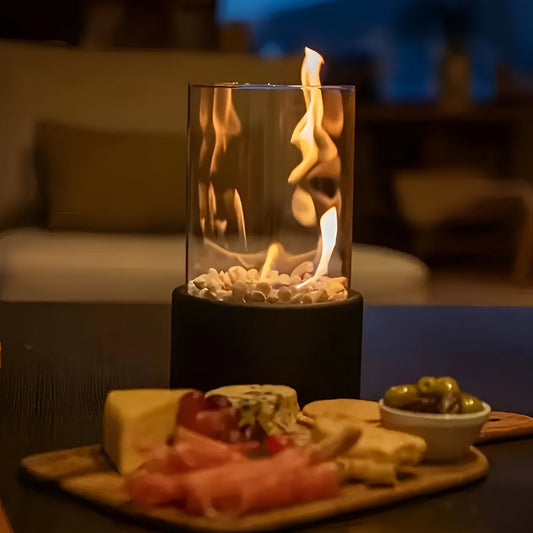 Moderne Tafelhaard – Compacte Ethanol Sfeerhaard met Glas & Stijlvolle Zwarte Basis | Schoon, Rookvrij & Gezellig Vuur