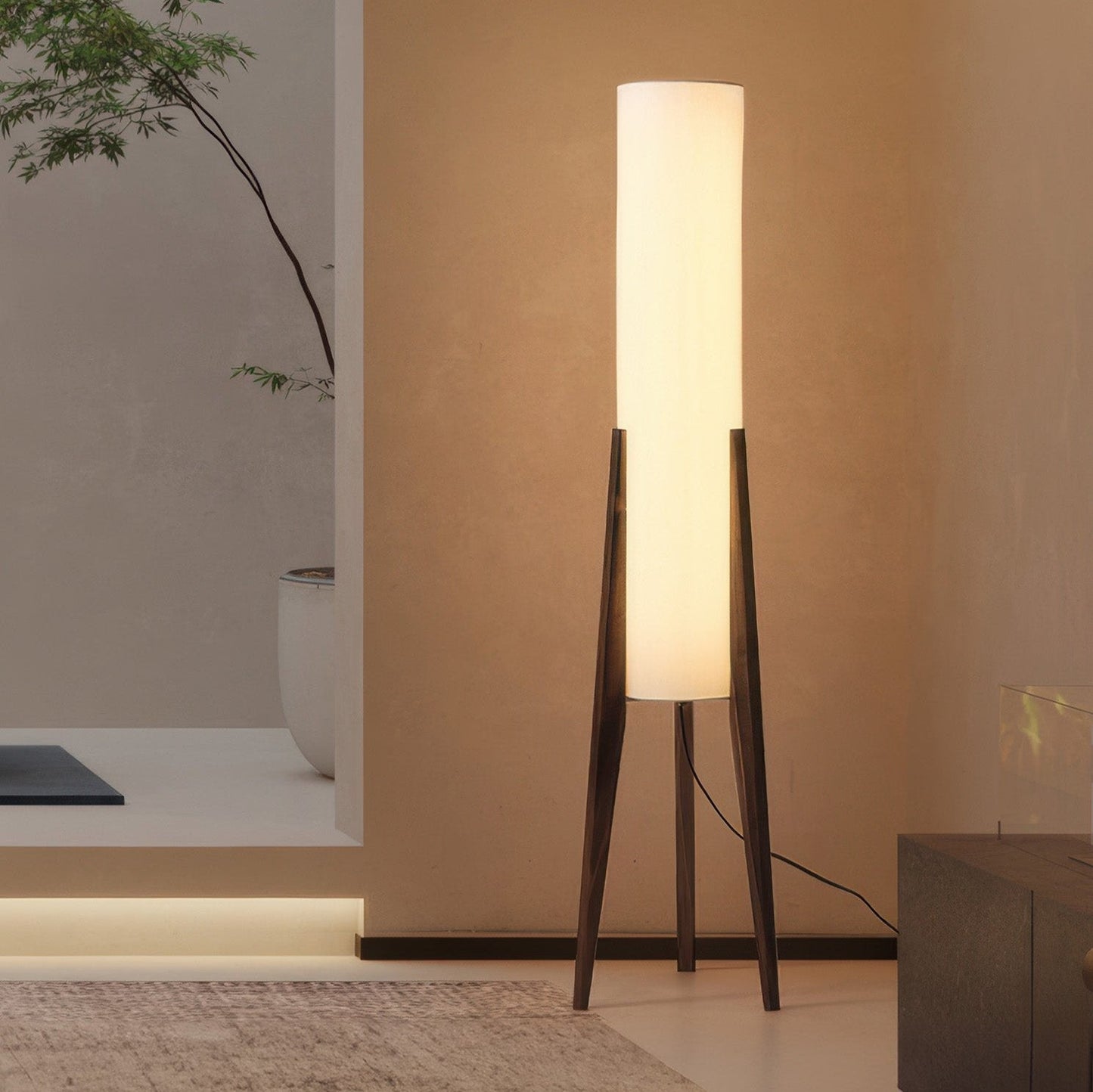 Walnoot Vloerlamp – Nordic Retro Design Staande Lamp met Stoffen Kap | Warm Licht & Elegante Uitstraling