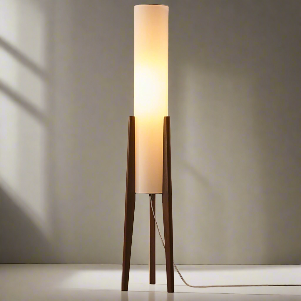 Walnoot Vloerlamp – Nordic Retro Design Staande Lamp met Stoffen Kap | Warm Licht & Elegante Uitstraling
