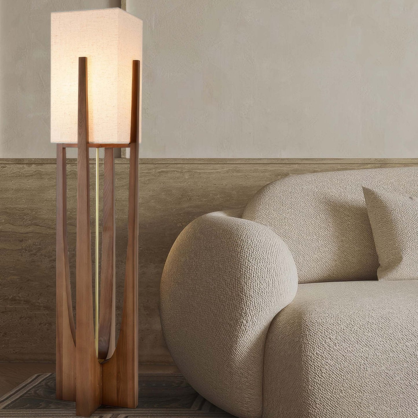 Japanse Walnoot Vloerlamp – Minimalistische Staande Lamp met Katoen-Linnen Kap | Warm Licht & Tricolor Verlichting