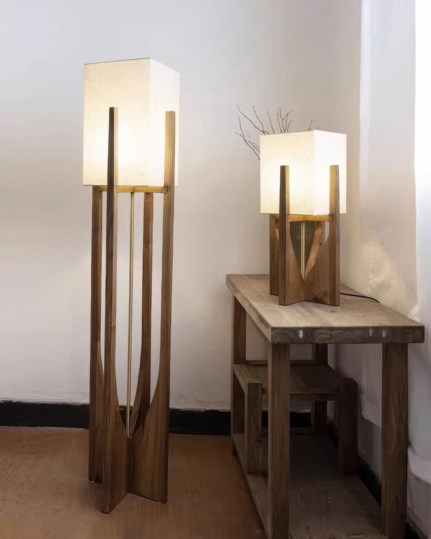 Japanse Walnoot Vloerlamp – Minimalistische Staande Lamp met Katoen-Linnen Kap | Warm Licht & Tricolor Verlichting
