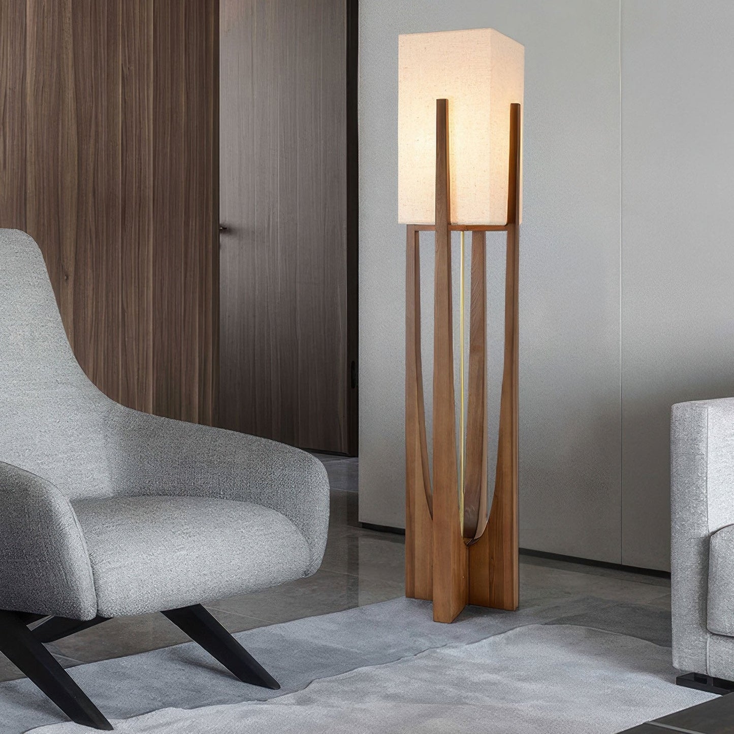Japanse Walnoot Vloerlamp – Minimalistische Staande Lamp met Katoen-Linnen Kap | Warm Licht & Tricolor Verlichting