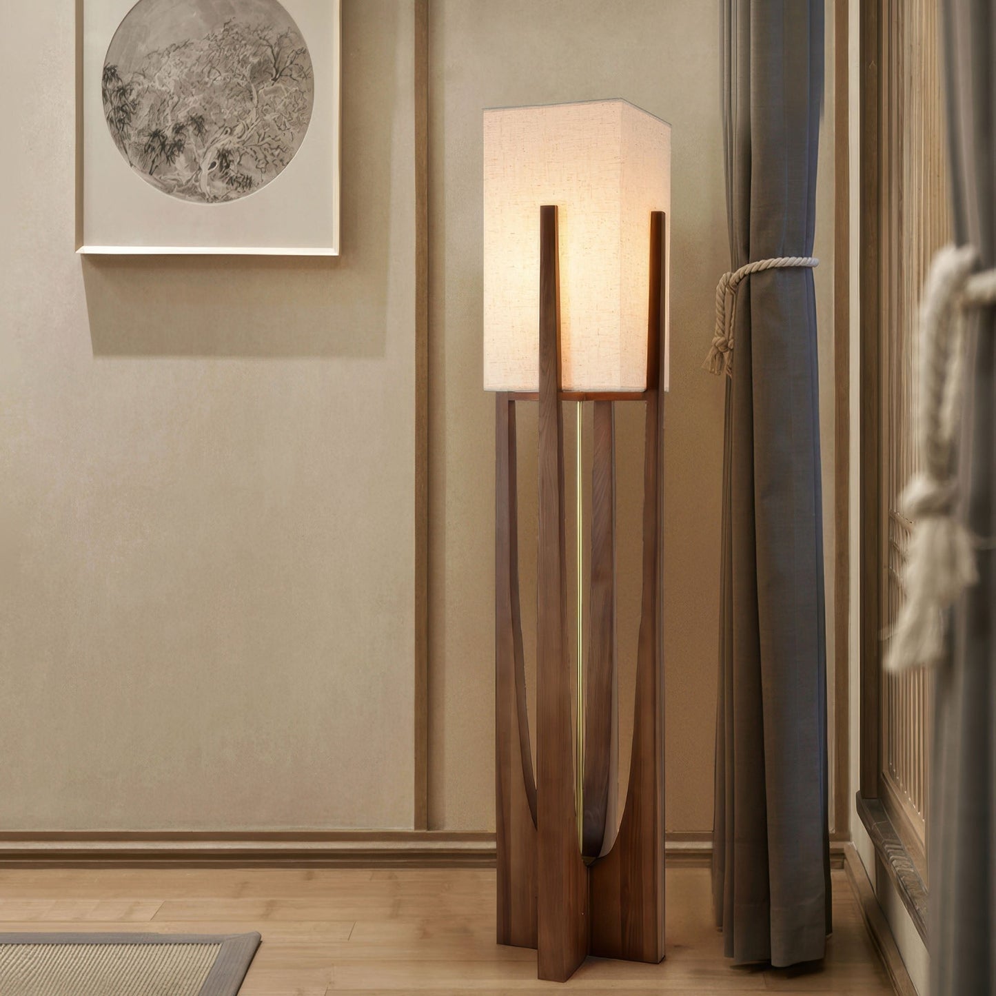 Japanse Walnoot Vloerlamp – Minimalistische Staande Lamp met Katoen-Linnen Kap | Warm Licht & Tricolor Verlichting