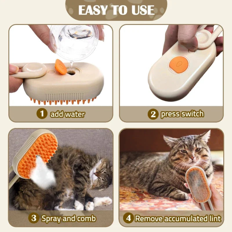 3-in-1 Cat Steam Brush – elektrische ontklittingsborstel met sprayfunctie & massage voor katten en honden